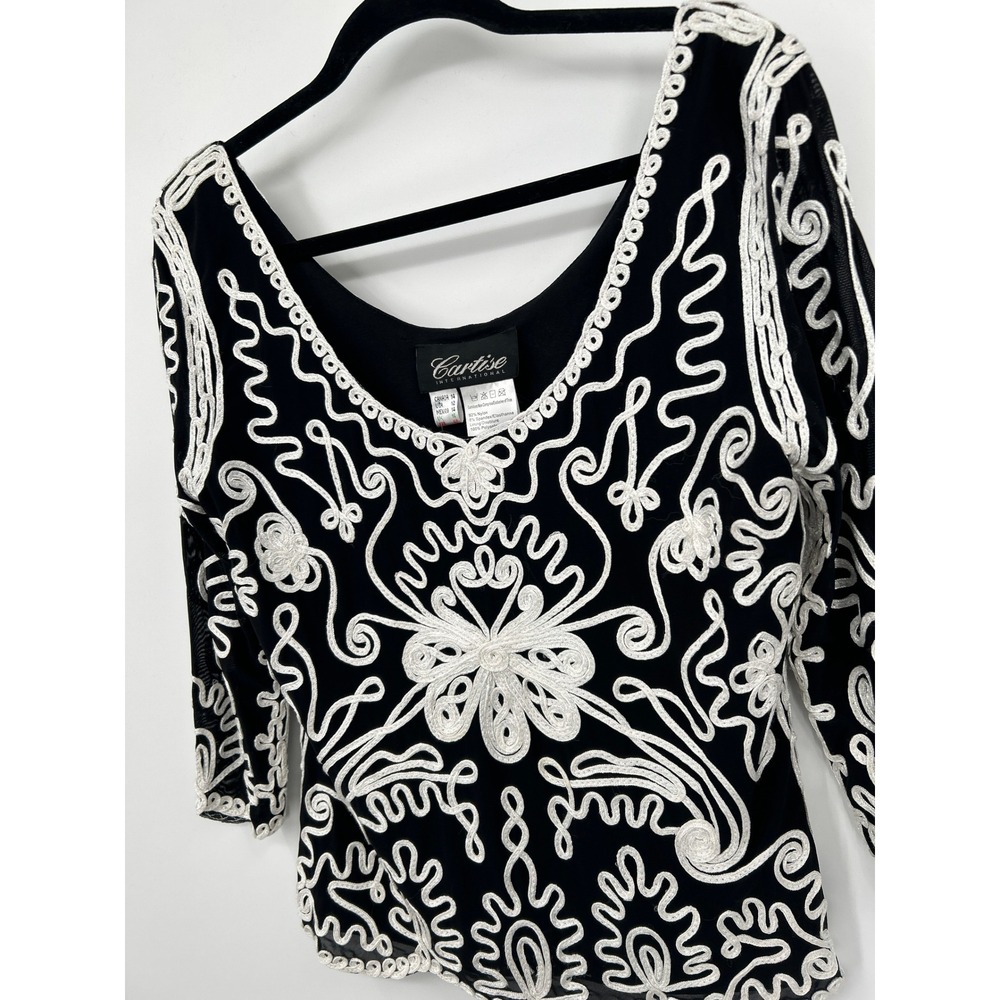 Cartise International Black White Soutache Embroidered Mesh Top V-Neck Size 12 - Picture 10 of 15